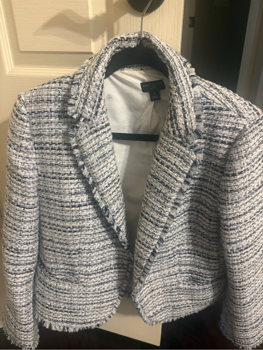 Ann Taylor Tweed Bouclé Blazer in White and Blue